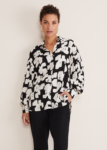 Phase Eight Luana Geo Print Shirts Black/Cream USA | 3865049-CL